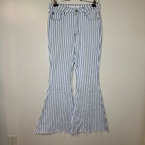 KanCan White with Blue Striped Super Flare Frayed Hem Jeans